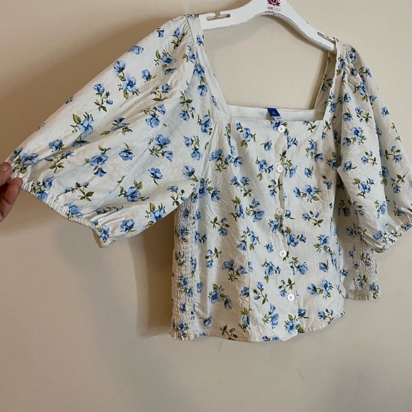 Old Navy Linen Blend Blue and cream Floral Puff Sleeve Blouse XL Tall - Picture 5 of 14